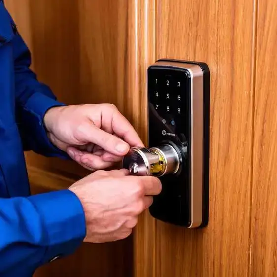 Locksmith installing a smart door lock